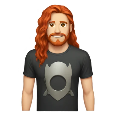guy with long red hair and no beard with a metal band shirt sticker