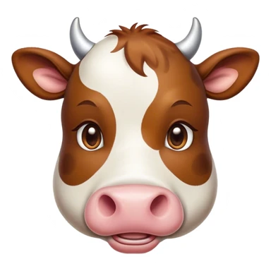 Cinematic Cute Brown and White Cow Portrait Emoji, Head tilted playfully and inquisitively, featuring a glossy, richly patterned hide of brown with striking white patches, round, sparkling brown eyes filled with gentle curiosity, Simplified yet irresistibly adorable features, highly detailed, glowing with a warm, friendly glow, high shine, affectionate and serene, stylized with a touch of country charm, bright and endearing, soft glowing outline, capturing the essence of a mischievous yet loving cow, so playful it feels like it could moo out of the screen and into your arms! sticker