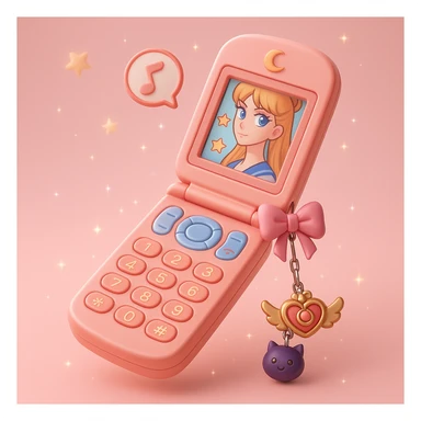 A pink flip phone with a pink bow, a pink background with stars, and a pink charm with a cat, in 3D iOS style, with more details. sticker