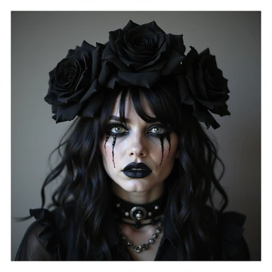 BLACKPINK inspired goth emoji, photorealistic style, black roses, dark tears, haunting look, deep shadows sticker