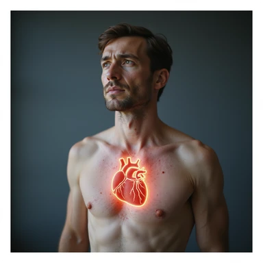 realistic adult man with simple clothing, body showing signs of autoimmune diseases: stylized thyroid and heart highlighted, skin with spots and swelling, discomfort atmosphere, realistic details, clinical background, 4K quality sticker