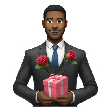 Hyper Realistic handsome man in suit holding roses and a heart shaped gift box sticker