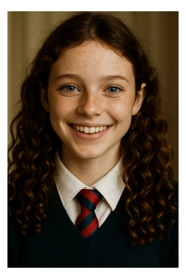 Make the girl's hair longer and curly, and put her in a school uniform. Maintain the original style and details of the image. sticker