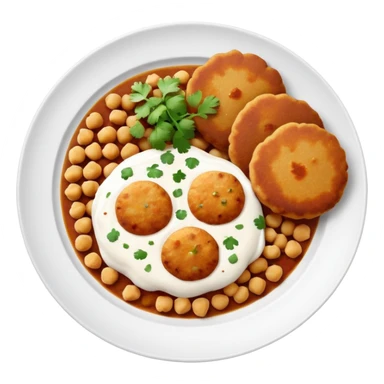 Aloo Tikki Chaat on a small plate with chickpeas, potato patty with yogurt and chutney sticker