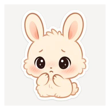 adorable chibi bunny with fluffy fur, oversized round eyes, pink cheeks, bashful and shy look, sparkling eyes, slight blush, clean chibi stickers style, white background, emote size sticker