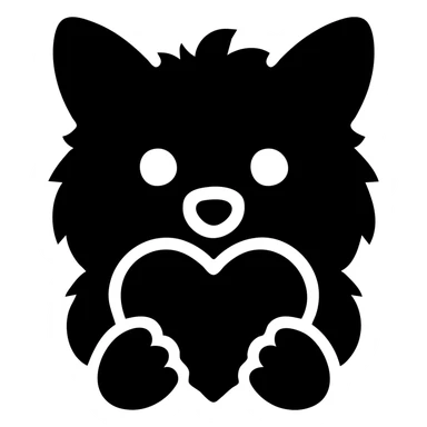 Transform this image into a clean, modern logo of a stylized dog holding a heart in its mouth. Use minimal lines and bold shapes suitable for branding. No background, transparent. sticker