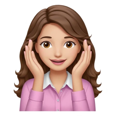 girl with wavy long brown hair, brown eyes, light to medium complexion, long lashes, light pink lipstick, wearing light pink shirt, smiling, hands covering both eyes sticker