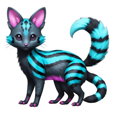 Hyper-realistic onyx-obsidian-pitch-Black-coated with glowing random cyan and magenta markings divine beautiful elegant pretty precious cute young youthful  Fakémon-Pokémon-alien-opossum-feline-serval-caracal-chinchilla-Minccino-hybrid-creature with a big fluffy bushy striped tail (full body) sticker