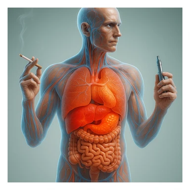 Medical illustration, hyperrealistic 4K, realistic anatomical human body, inflamed liver and intestine highlighted, holding a lit normal cigarette in the right hand and an electronic cigarette in the left hand, clear background, extremely detailed, same lighting and style as the reference image. sticker