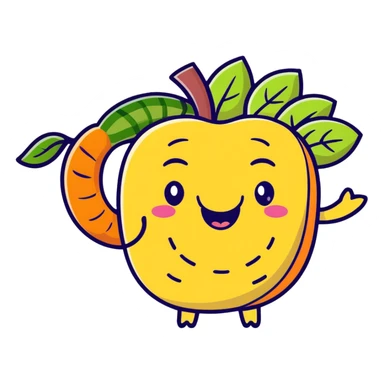 Cute cartoon representation of dietary fiber with happy vegetables, fruits, and whole grains linked by fibrous strands, with a smiling intestine character showing improved digestive health sticker