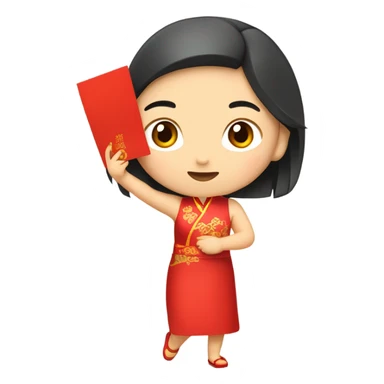 Beautiful youngchinese girl wearing red cheongsam holding red envelope “福” sticker