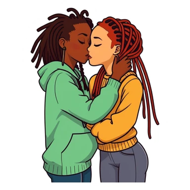 A black girl with dreads kissing a medium skin toned girl with dark red hair sticker
