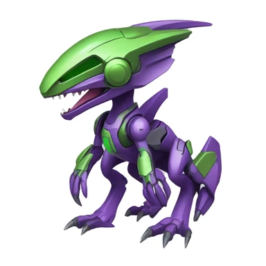 a purple-green Genesect-Raptor-Fakémon—hybrid with a futuristic visor-helmet full body sticker
