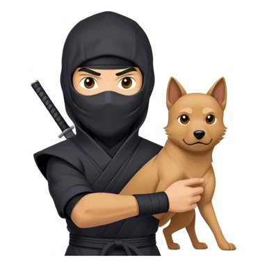 clash-of-clans-aesthetic_-cinematic-mysterious-male-ninja-portrait-emoji, rendered in a flat, vector-style with minimal shading and bold, simplified shapes, his arm is stretched out  with a head slightly turned revealing intense, focused eyes. the ninja is accompanied by a Ninken dog sticker