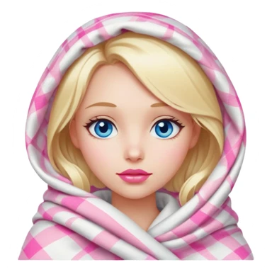 A beautiful blonde girl , blue eyes, pink lips is wrapped in a white plaid with her head sticker
