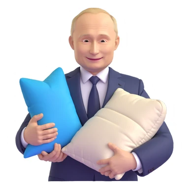 Vladimir Putin in a suit smiling and holding a memory foam pillow with an Amazon package next to him sticker