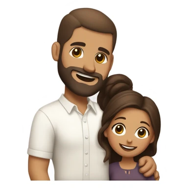 Brown-haired Puerto Rican woman with dark brown eyes wearing a cute blouse giving a comforting hug to a short, bald man with brown eyes, laugh lines, and a beard sticker