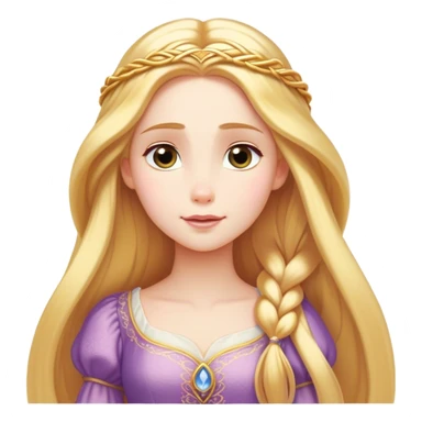 Cinematic Serene Rapunzel Portrait Emoji, rendered in a simplified vector style. Depict a gentle Rapunzel (chest and above) with delicate porcelain skin and long, shimmering golden hair, her expression calm and reflective, dressed in her traditional attire. The image is imbued with a soft, luminous glow and a subtle glowing outline. sticker