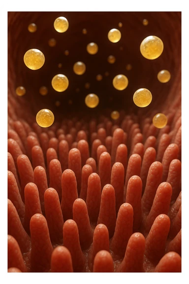 VILLI INTESTINALI CON CELLULE DI GRASSùO CHE CI FLUTTUANO SOPRA, INTERNO REALISTICO DI UN INTESTINO, IPERREALISTICO 4K sticker