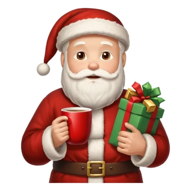 Санта клаус с мешком подарков за спиной и кружкой какао в руке sticker