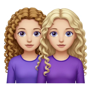 Twin sisters, one has brown eyes, long curly brown hair, the other one has blue eyes and straight blond hair purple top sticker
