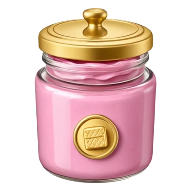 Una miniatura fotorrealista de un tarro de mantequilla corporal elegante, con una tapa dorada brillante. Una sola moneda de oro, pequeña y sutil, reposa al lado del tarro. Iluminación suave de estudio. Colores: rosa, terracota y dorado. Estilo: lujo en miniatura. sticker