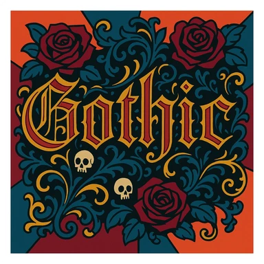 the word 'Gothic' in highly elaborate gothic calligraphy, with ornate flourishes, dark roses, tiny skulls, and baroque filigree sticker