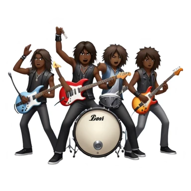 Icon for Heavy Metal Music: 4 men band on stage with electric guitars, drums and intense lighting. Musicians headbanging, surrounded by energy and stage effects, capturing the power and intensity of a metal concert. Transparent background. sticker