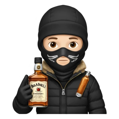 Junge mit Sturmhaube in der Rechten hand eine jacky flasche und schwarze winterjacke mit fell an der mütze 2 meter gross sticker