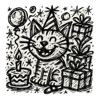 Add more gifts around the kitten, keeping the chaotic outlined style and all original elements intact sticker
