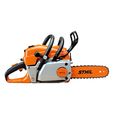 Stihl MS500i chainsaw, side view, showing the Stihl logo clearly, realistic proportions but simplified details, bright orange and silver color scheme, clean design, suitable for emoji style sticker