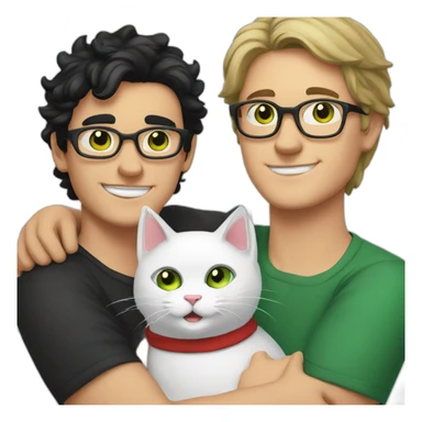 White guy with green eyes, black hair and with glasses hug red percian cat sticker