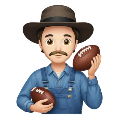 Amish man in overalls holding a football sticker