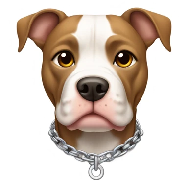 American pitbull terrier with a brown and tan striped coat and white down middle of his face and chest. He has a silver chain link collar sticker