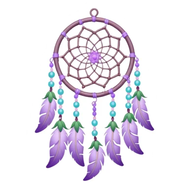 Lavender lilac pastel purple dreamcatcher-suncatcher with lavender flowers and lilac flowers attached, cyan beads, white beads, rose-pink beads, green leaves sticker
