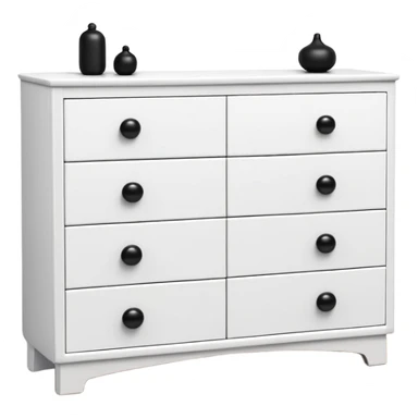 sleek white dresser with 6 drawers, each featuring one small black knob, minimalist but with realistic depth sticker