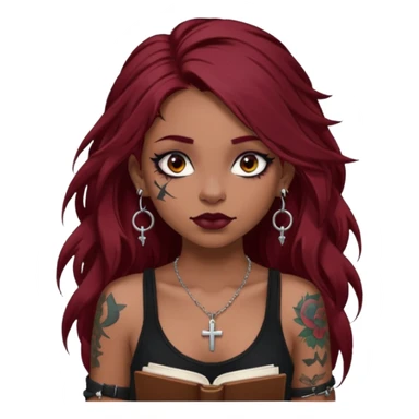 generate an ios genmoji of a dusky girl with long dark red messy hair with eyeliner on her eyes. septum piercing, wearing a cami black top, has tattoos, on shoulders. ear piercings. wearing a cross silver necklace. carrying a lot of sketchbooks


no tattoos on face sticker