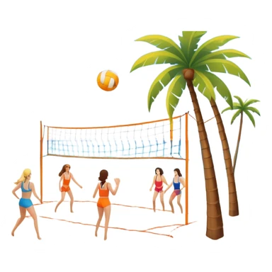 The scene captures a sunny sea beach atmosphere with clear blue sea and sky, palm trees swaying, and people in swimsuits enjoying the vibrant surroundings. A volleyball resting on the orange sand ground of a beach, with a volleyball net in the background.  sticker