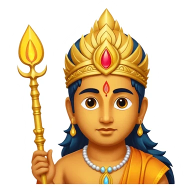 A minimal, divine emoji-style illustration of Lord Murugan, serene face, glowing vel (spear) symbol, bright golden aura, vibrant colors, simple rounded emoji design, high clarity, spiritual and peaceful expression, white background. sticker
