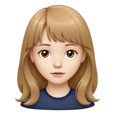 Pale skinned girl with light brown hair and dark brown eyes. She has bangs and her hair is slightly big wavy and long sticker