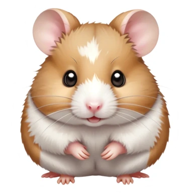 Cinematic Cute Brown and White Banded Hamster Portrait Emoji, Head tilted playfully and inquisitively, showcasing a fluffy coat with playful brown and white banded patterns, round, sparkling dark eyes filled with curiosity, Simplified yet irresistibly adorable features, highly detailed, glowing with a warm, friendly glow, high shine, affectionate and lively, stylized with a touch of whimsy, bright and endearing, soft glowing outline, capturing the essence of a mischievous yet loving hamster, so playful it feels like it could dash out of the screen and into your arms! sticker