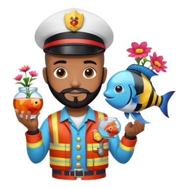 A MAN WITH BROWN SKIN AND A BLACK BEARD - WITH A BUZZ CUT AND SNAPBACK - IN A FIREMAN OUTFIT - HOLDING A FISHBOWL WITH A FIGHTERFISH - AND SOME FLOWERS - WITH CLOWN SHOES sticker