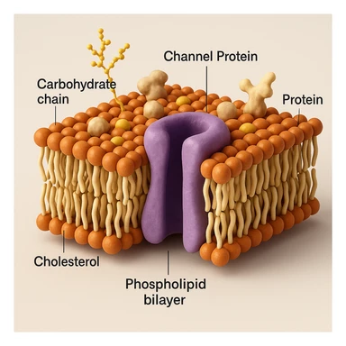 3D cross-sectional view of a biological membrane with a channel protein, visible phospholipid bilayer, proteins, cholesterol, carbohydrate chains, highlighted channel protein, rendered with depth, labeled components, educational and realistic style sticker