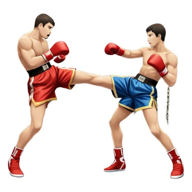 An icon symbolizing kickboxing, featuring two fighters in the ring. One throws a powerful high kick, while the other counters with a punch. The background shows a boxing ring with ropes and a crowd in the distance. Transparent background emphasizes the dynamic energy sticker