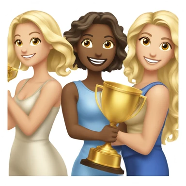 Seven beautiful blonde and brunette women celebrating with a huge gold trophy sticker