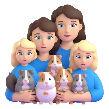 Family portrait with father with dark brown hair and blue eyes, mother with light brown hair and blue eyes, three blonde little girls with blue eyes, plus a grey cat and two guinea pigs sticker