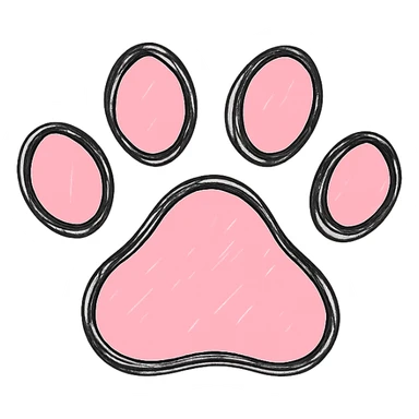 hand drawn outlined icon of a pink paw print, no fill, transparent background, thick lines sticker
