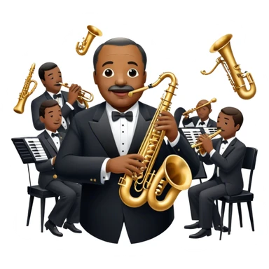 Icon for Jazz Music: Count Basie Orchestra, with Count Basie at the piano surrounded by jazz musicians playing instruments like saxophones, trumpets, and drums. Floating musical notes should capture the energetic and smooth vibe of big band jazz. Transparent background. sticker