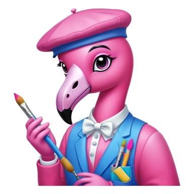 A flamingo dressed up as a painter in a Lisa Frank-style aesthetic sticker