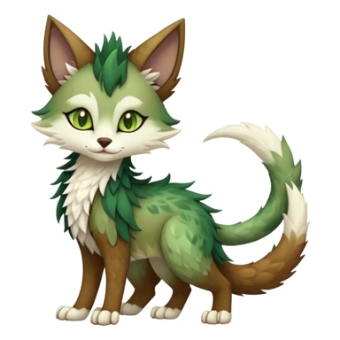 Kawaii dark cute cool brown beige white fantasy ethereal feline-vernid-sergal-fursona animal creature with a tufted tail full body with intricate markings, hazel-gold-green eyes sticker